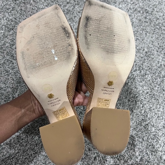 STUART WEITZMAN Tia 85 lizard-effect leather sandals Rose Gold Block Heel US 6.5 - Picture 6 of 10